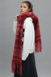 Fringe Plaid Thermal Scarf Deep Red One Size OutfitFlow